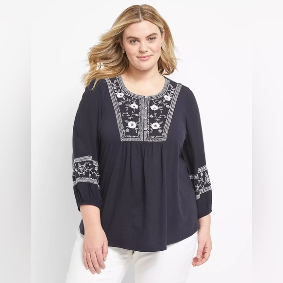 Lane Bryant Tops - Lane Bryant Blouson-Sleeve Henley Embroidered Top Loose/Relaxed in Night Sky NWT